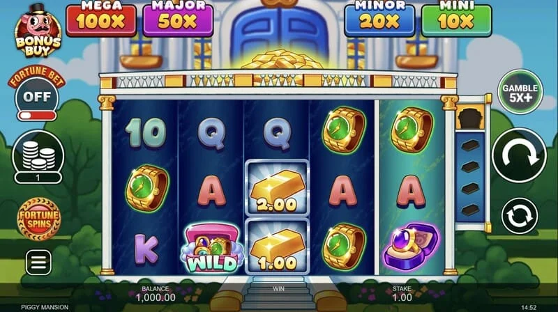 Piggy Mansion — spēles ekrāns ar 5x3 režģi un naudas zīmēm